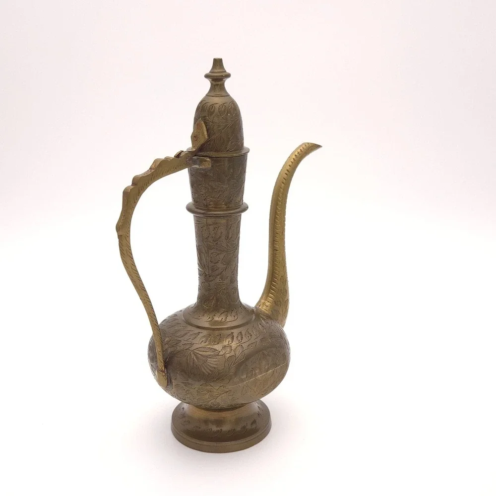 Beautiful Vintage 60s Aftaba Ewer Indian Brass Tea coffee Pot Signed Hand carved